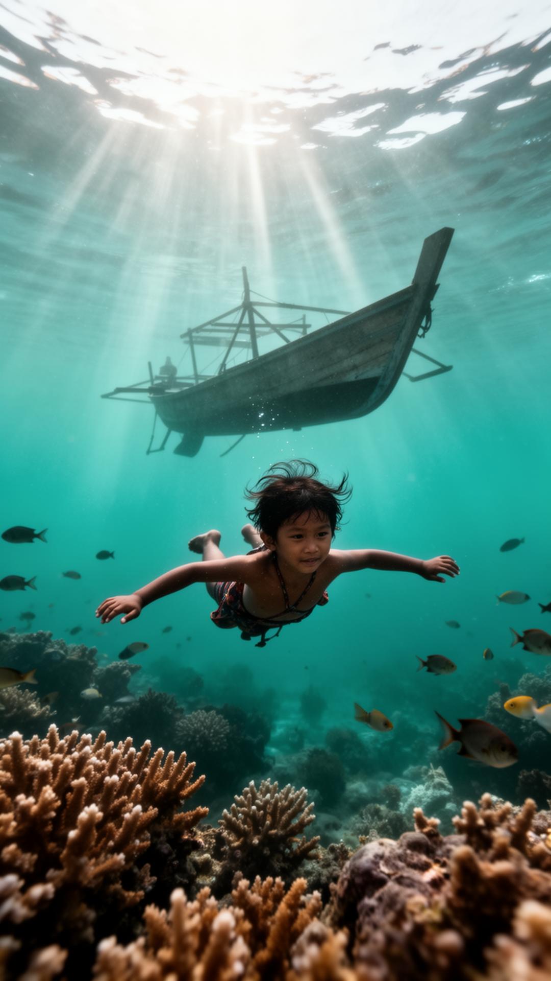 A child swimming above a coral reef, at home in the water