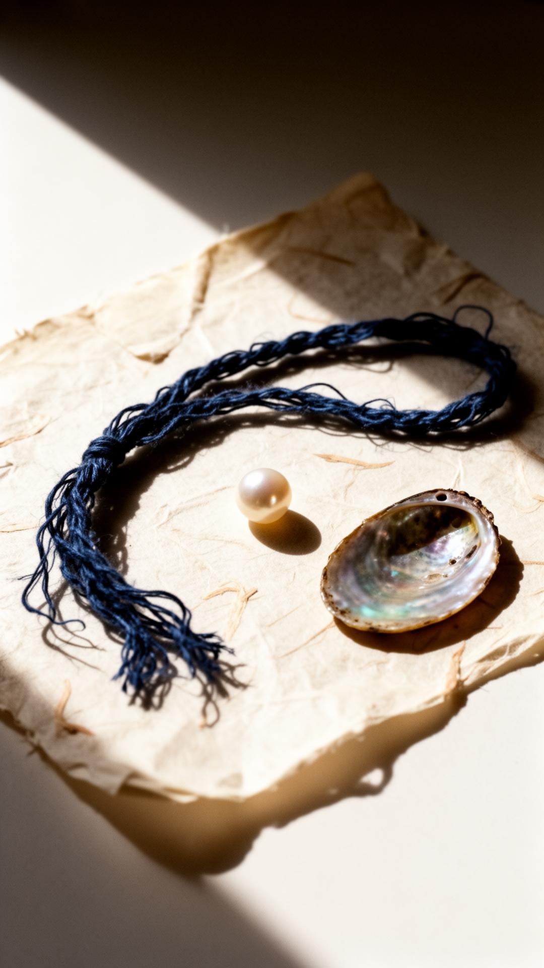 A single pearl, indigo cord, and abalone shell on washi paper